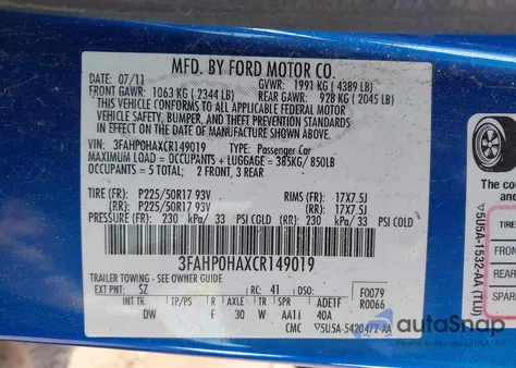 2012 Ford Fusion Se from USA, damaged, VIN 3FAHP0HAXCR149019